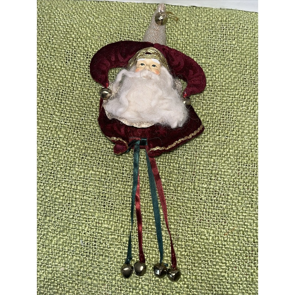 Santa Head Ornament , Velvet Jester Hat , Jingle Bells And‎ Ribbon